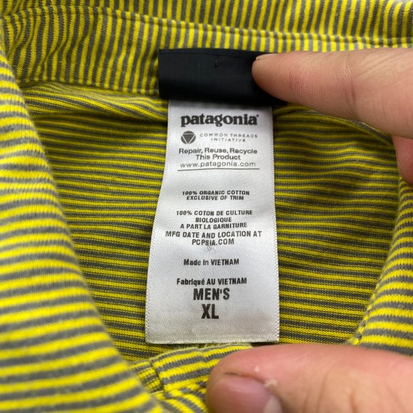 Patagonia Polo Shirt Men Extra Large XL Yellow Gray Stripes Golf Chest Pocket - Picture 3 of 6